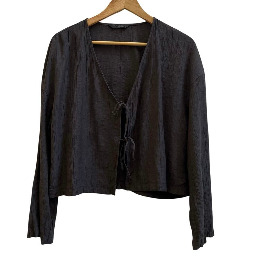 Zara Boho Gray Crinkle Front Tie Closure V Neck Boxy Layer Top XS/S Lagenlook